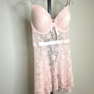 Pink Stretch‎ Lace 1X intimate sleepwear- cup C-D, satin ribbon ties in back